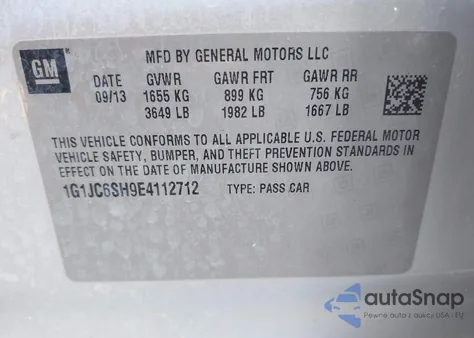 2014 Chevrolet Sonic Lt Auto из США, поврежденный, VIN 1G1JC6SH9E4112712